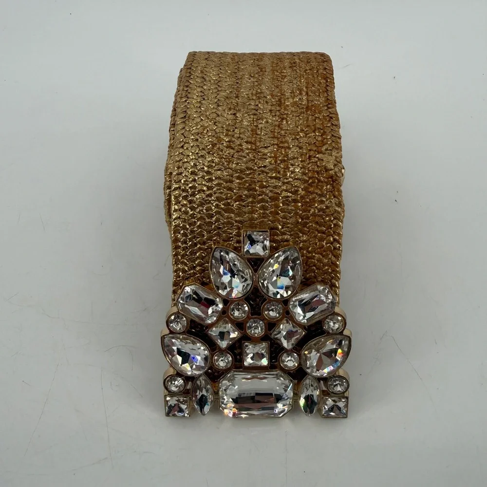 Gold Woven Stretch Belt with Oversized Crystal Rhinestone Statement Buckle NEW